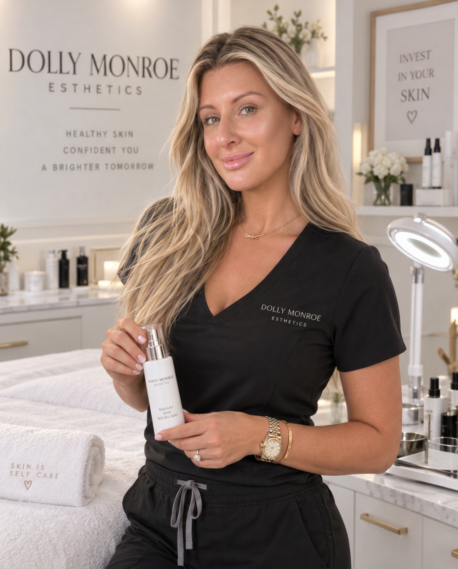 Stephanie Rushing at Dolly Monroe Esthetics, holding a skincare bottle